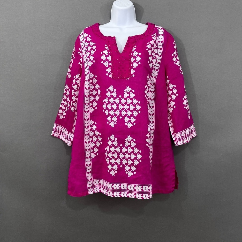 JM Collection Pink Print 100% Linen Embellished Tunic Top